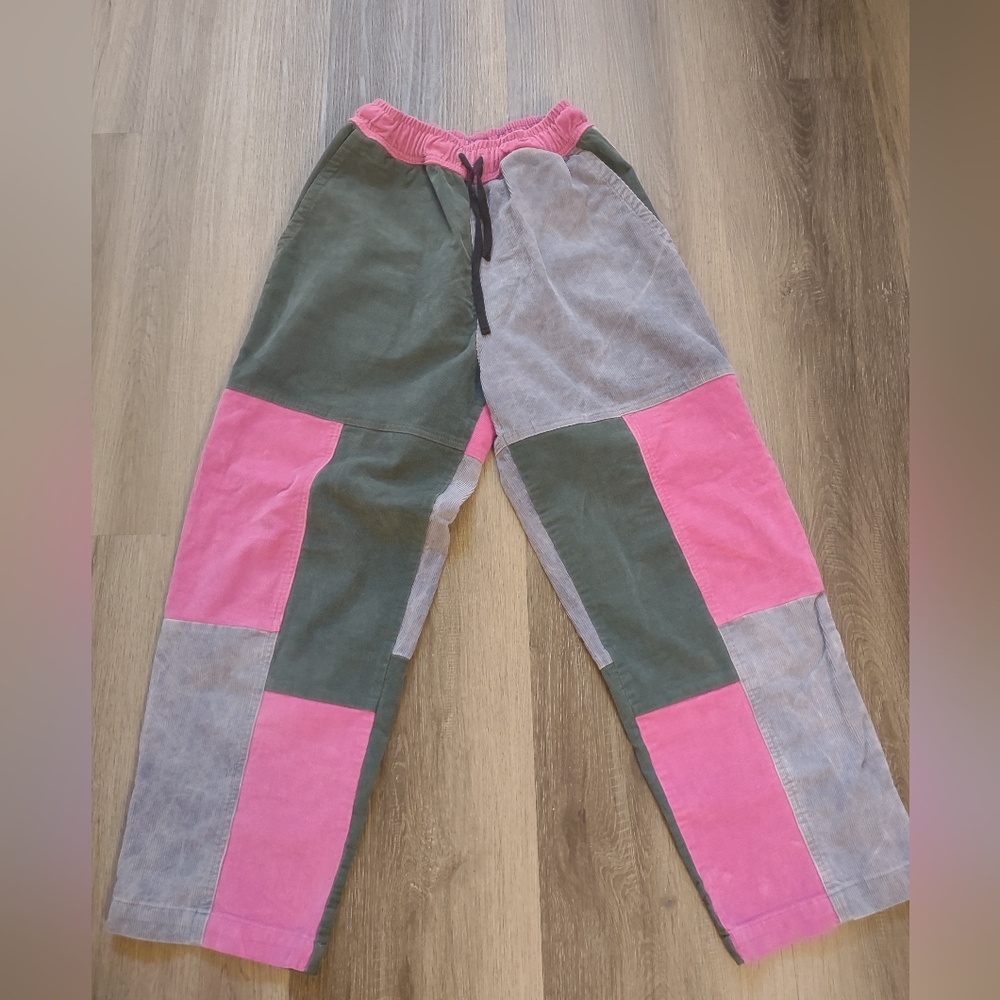 SU AY Sew Shop Corduroy Patchwork Pants Colorblock Drawstring